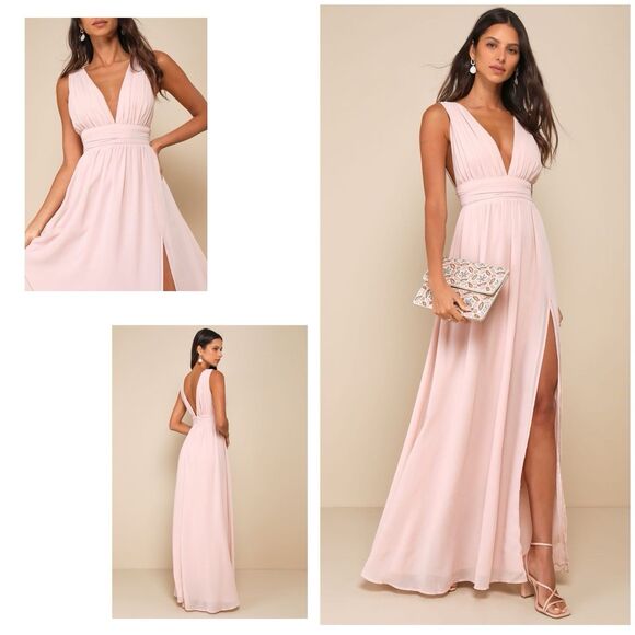 Lulus Heavenly Hues Maxi Dress Women's L Blush Side Slit Chiffon NWT - Picture 1 of 10